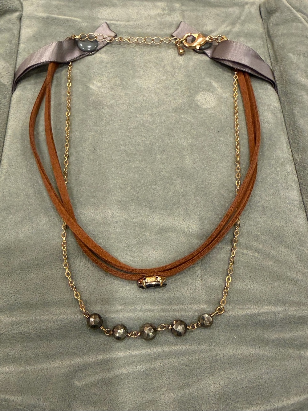 Tan Suede Choker Necklace Layered Gold Beaded Boho Adjustable